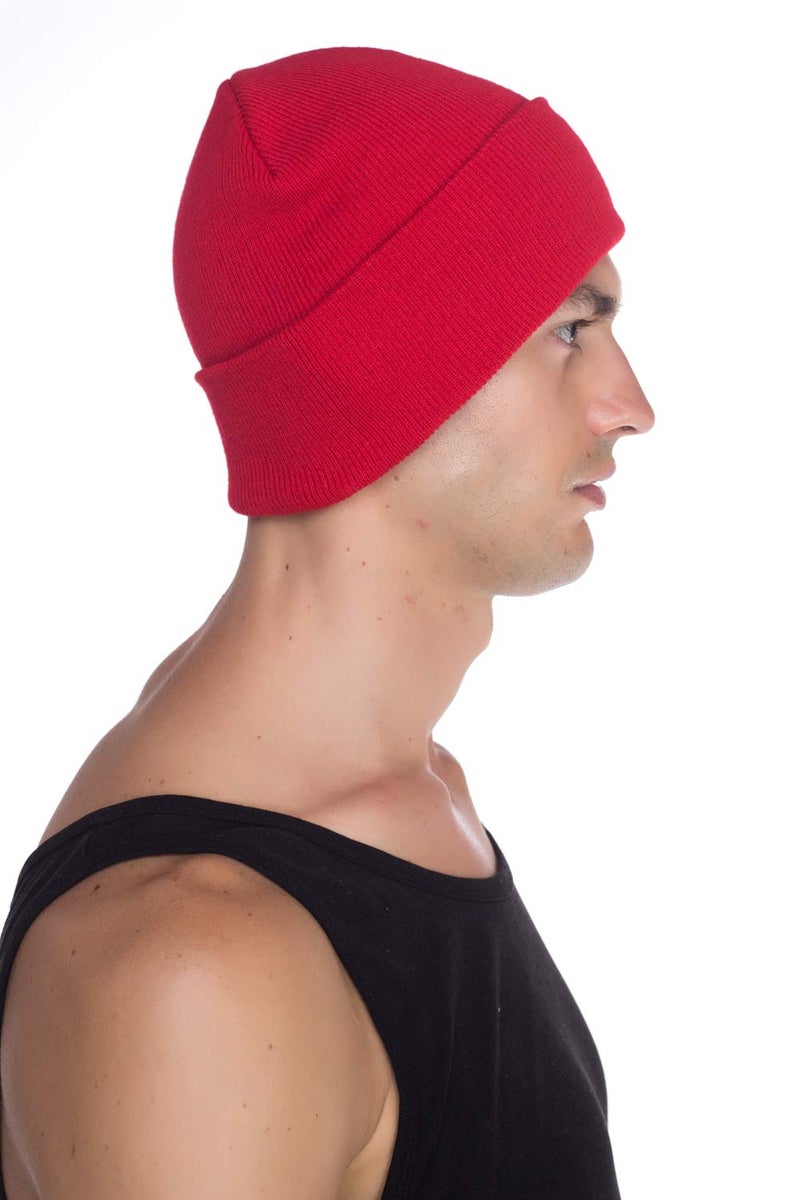 Top Level Beanie Men Women - Unisex Cuffed Plain Skull Knit Hat Cap, Red - Image 5